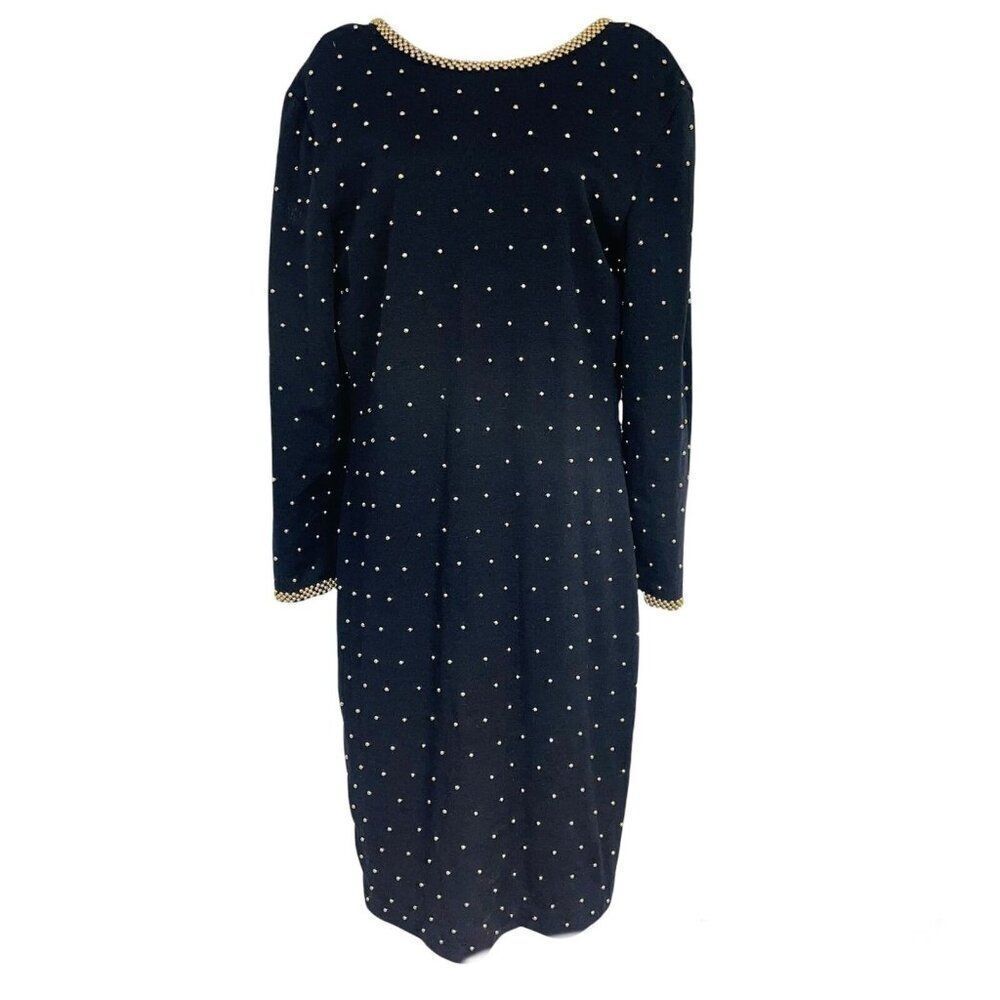 Vintage 80s Womens Dress Size M Black Gold Beaded Low Back Sweater Knit